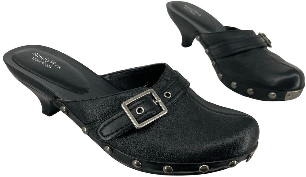 Vintage y2k Womens Black Leather Studded Vera Wang Buckle Kitten Heel Clogs 8.5M